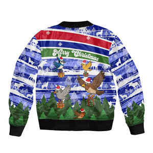 Gambia Christmas Bomber Jacket Santa Birds Gift Boxes Forest Scene and Snowflake - African Pride