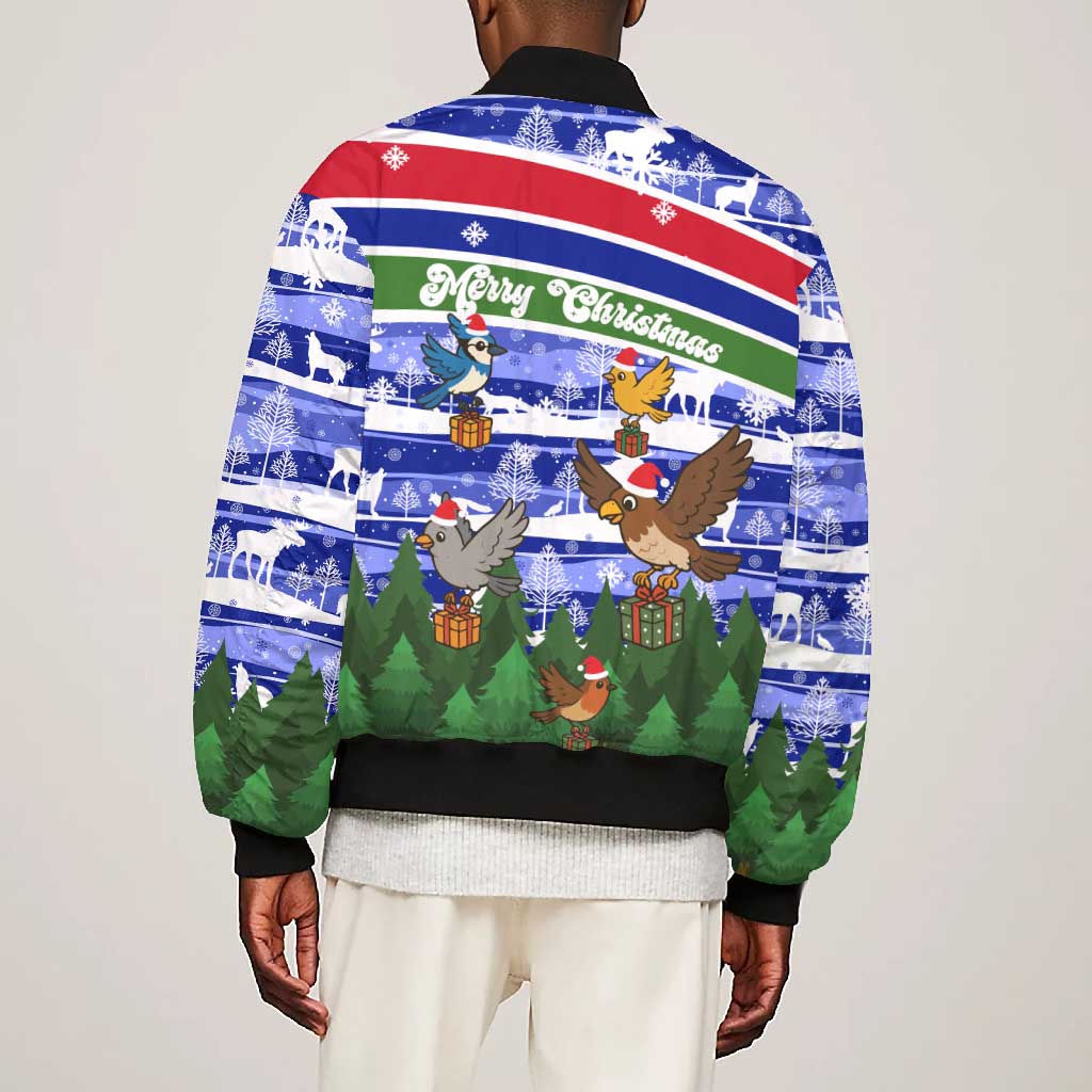 Gambia Christmas Bomber Jacket Santa Birds Gift Boxes Forest Scene and Snowflake - African Pride