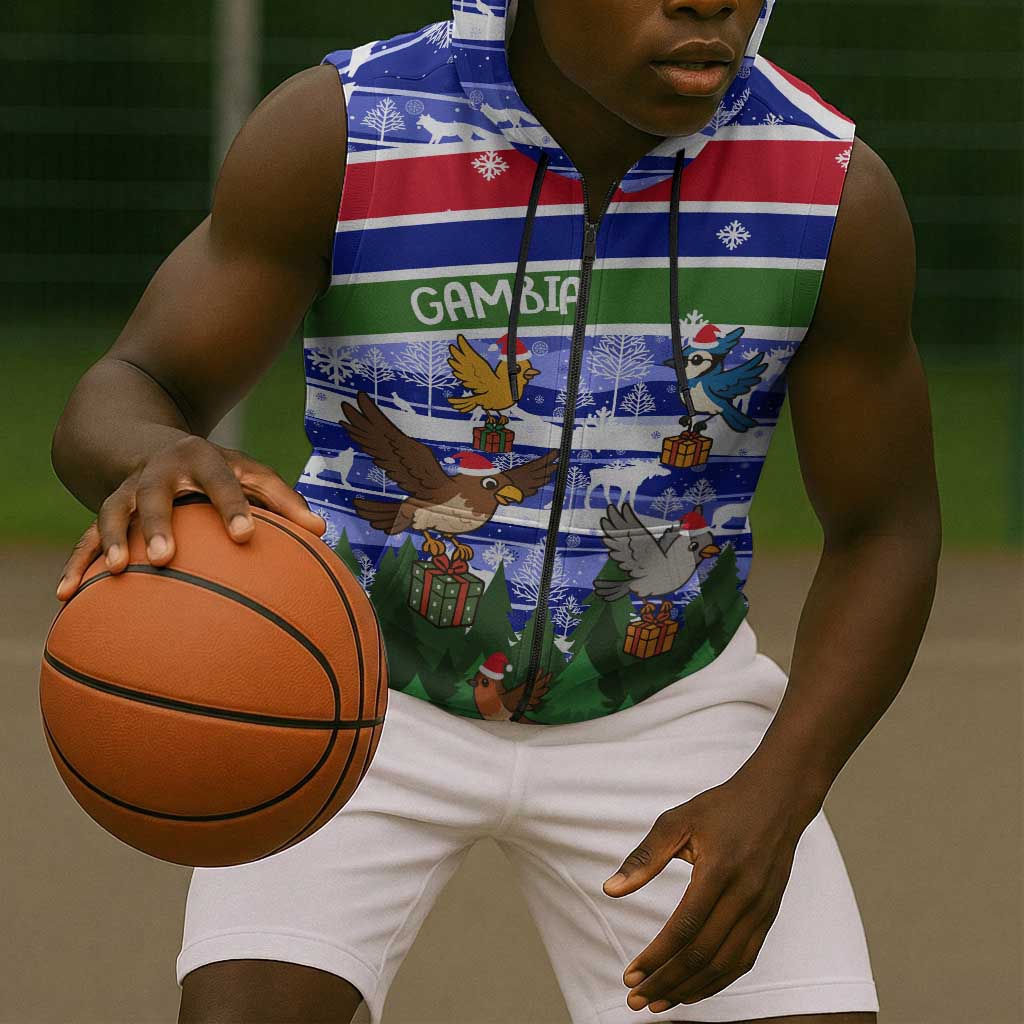 Gambia Christmas Sleeveless Zip Hoodie Santa Birds Gift Boxes Forest Scene and Snowflake - African Pride
