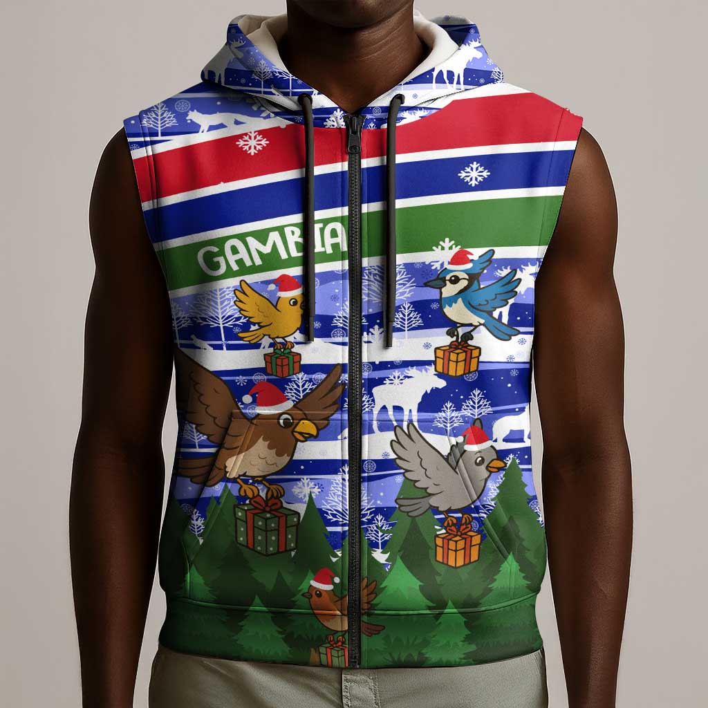 Gambia Christmas Sleeveless Zip Hoodie Santa Birds Gift Boxes Forest Scene and Snowflake - African Pride