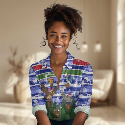 Gambia Christmas Women Casual Shirt Santa Birds Gift Boxes Forest Scene and Snowflake - African Pride