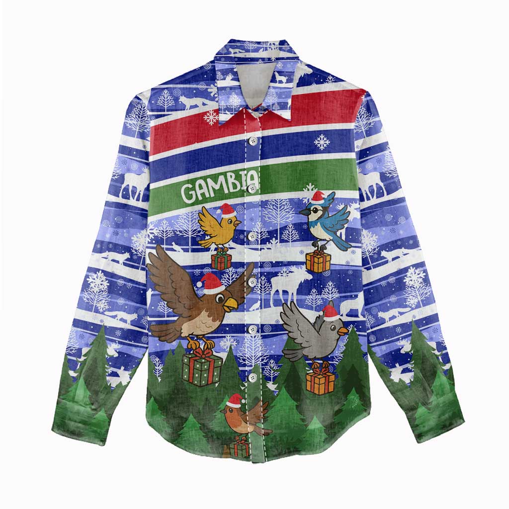 Gambia Christmas Women Casual Shirt Santa Birds Gift Boxes Forest Scene and Snowflake - African Pride