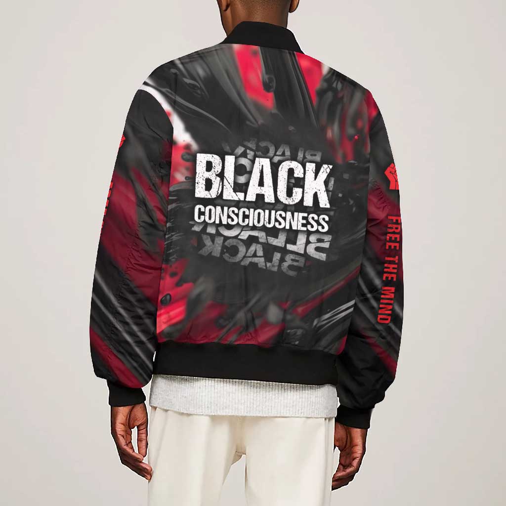Steve Biko Bomber Jacket with Black Consciousness Portrait, Power Fist Symbol and Red-Black Freedom - African Pride