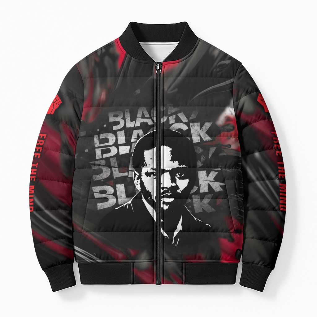 Steve Biko Bomber Puffer Jacket with Black Consciousness Portrait, Power Fist Symbol and Red-Black Freedom - African Pride