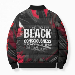 Steve Biko Bomber Puffer Jacket with Black Consciousness Portrait, Power Fist Symbol and Red-Black Freedom - African Pride