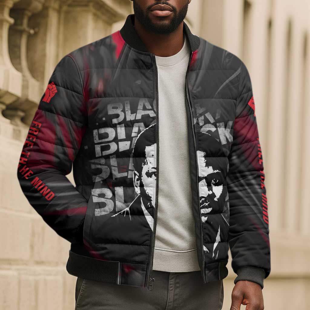 Steve Biko Bomber Puffer Jacket with Black Consciousness Portrait, Power Fist Symbol and Red-Black Freedom - African Pride