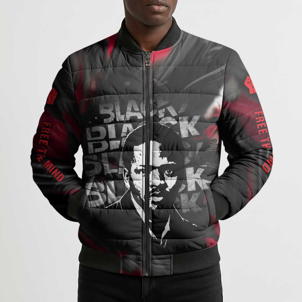 Steve Biko Bomber Puffer Jacket with Black Consciousness Portrait, Power Fist Symbol and Red-Black Freedom - African Pride