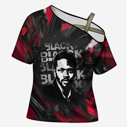 Steve Biko Cross Shoulder Shirt with Black Consciousness Portrait, Power Fist Symbol and Red-Black Freedom - African Pride