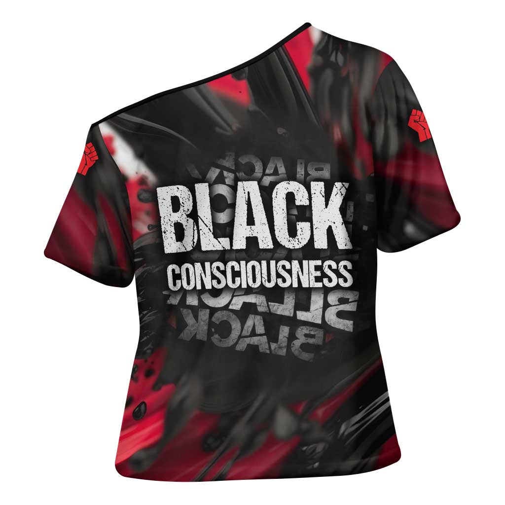 Steve Biko Cross Shoulder Shirt with Black Consciousness Portrait, Power Fist Symbol and Red-Black Freedom - African Pride