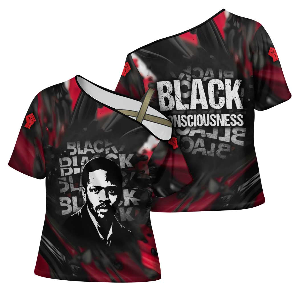 Steve Biko Cross Shoulder Shirt with Black Consciousness Portrait, Power Fist Symbol and Red-Black Freedom - African Pride