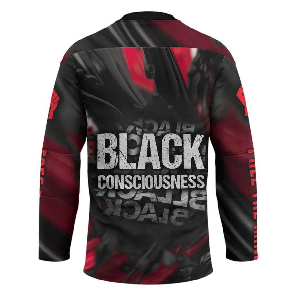 Steve Biko Hockey Jersey with Black Consciousness Portrait, Power Fist Symbol and Red-Black Freedom - African Pride