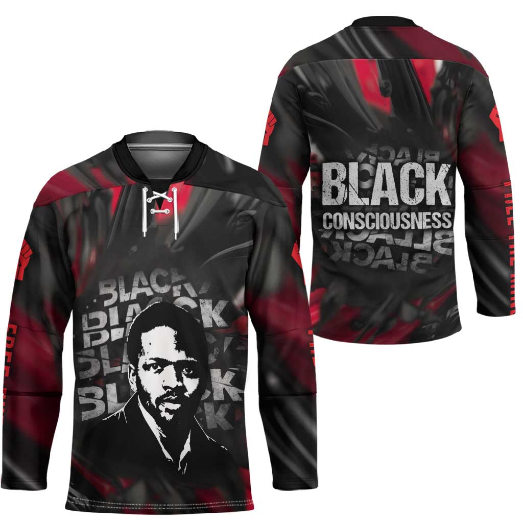 Steve Biko Hockey Jersey with Black Consciousness Portrait, Power Fist Symbol and Red-Black Freedom - African Pride