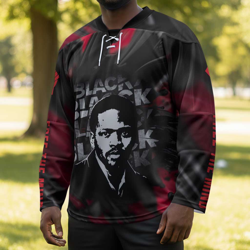Steve Biko Hockey Jersey with Black Consciousness Portrait, Power Fist Symbol and Red-Black Freedom - African Pride