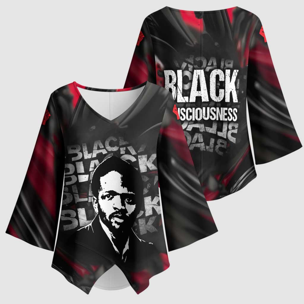 Steve Biko Kimono Sleeve Blouse with Black Consciousness Portrait, Power Fist Symbol and Red-Black Freedom - African Pride