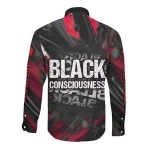 Steve Biko Long Sleeve Button Shirt with Black Consciousness Portrait, Power Fist Symbol and Red-Black Freedom - African Pride