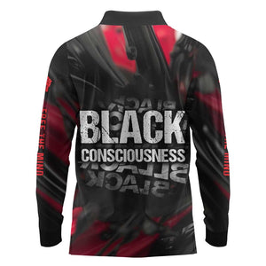 Steve Biko Long Sleeve Polo Shirt with Black Consciousness Portrait, Power Fist Symbol and Red-Black Freedom - African Pride