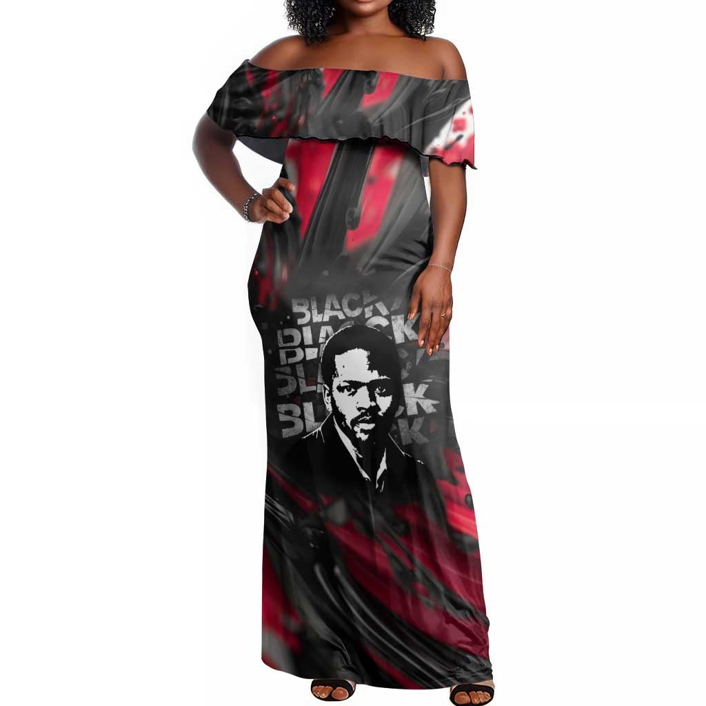 Steve Biko Off Shoulder Maxi Dress with Black Consciousness Portrait, Power Fist Symbol and Red-Black Freedom - African Pride