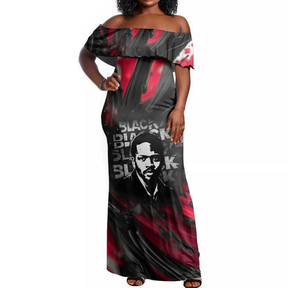 Steve Biko Off Shoulder Maxi Dress with Black Consciousness Portrait, Power Fist Symbol and Red-Black Freedom - African Pride
