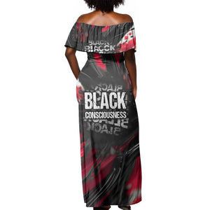 Steve Biko Off Shoulder Maxi Dress with Black Consciousness Portrait, Power Fist Symbol and Red-Black Freedom - African Pride