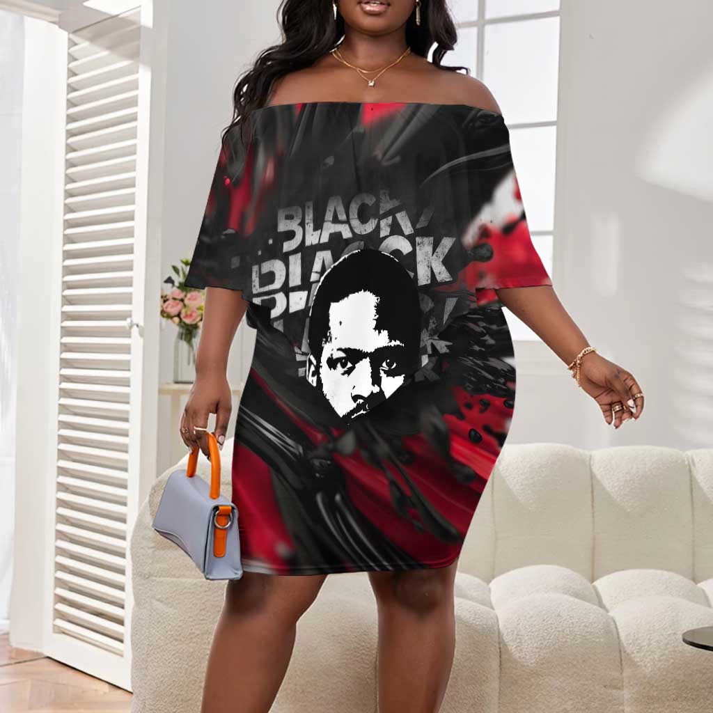 Steve Biko Off Shoulder Short Dress with Black Consciousness Portrait, Power Fist Symbol and Red-Black Freedom - African Pride