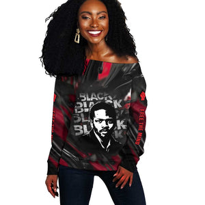 Steve Biko Off Shoulder Sweater with Black Consciousness Portrait, Power Fist Symbol and Red-Black Freedom - African Pride