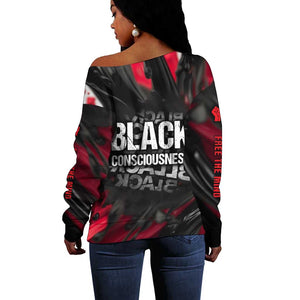 Steve Biko Off Shoulder Sweater with Black Consciousness Portrait, Power Fist Symbol and Red-Black Freedom - African Pride