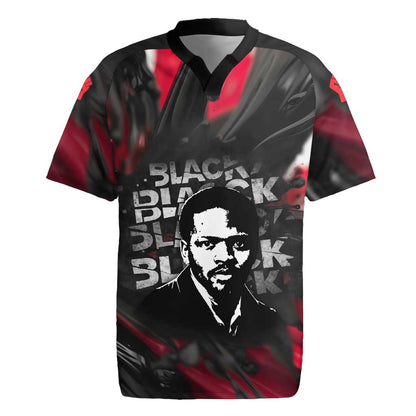 Steve Biko Rugby Jersey with Black Consciousness Portrait, Power Fist Symbol and Red-Black Freedom - African Pride