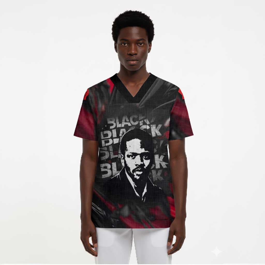 Steve Biko Scrub Top with Black Consciousness Portrait, Power Fist Symbol and Red-Black Freedom - African Pride