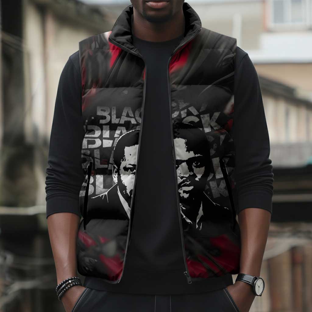 Steve Biko Sleeveless Puffer Jacket with Black Consciousness Portrait, Power Fist Symbol and Red-Black Freedom - African Pride