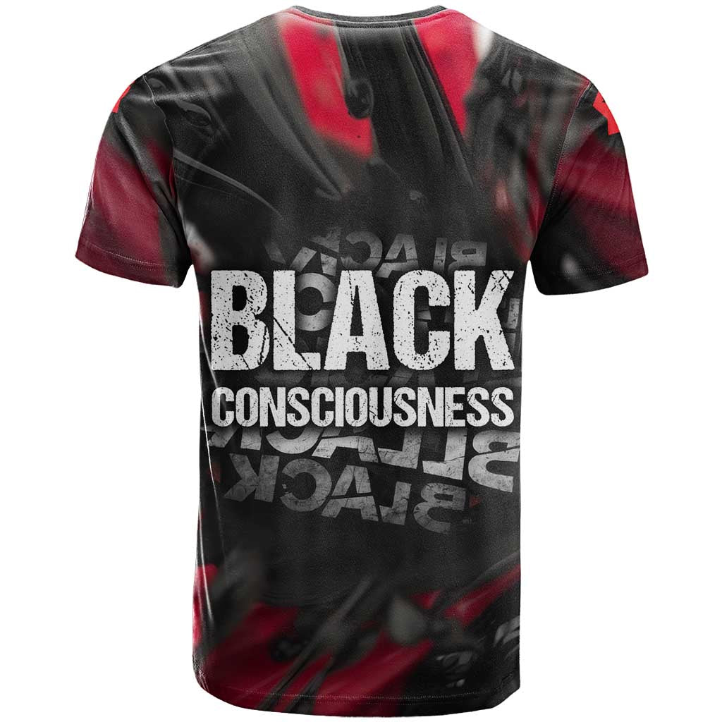 Steve Biko T shirt with Black Consciousness Portrait, Power Fist Symbol and Red-Black Freedom - African Pride