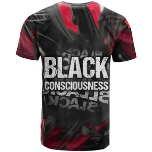 Steve Biko T shirt with Black Consciousness Portrait, Power Fist Symbol and Red-Black Freedom - African Pride
