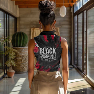 Steve Biko Women Sleeveless Polo Shirt with Black Consciousness Portrait, Power Fist Symbol and Red-Black Freedom - African Pride