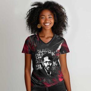 Steve Biko Women V-Neck T-Shirt with Black Consciousness Portrait, Power Fist Symbol and Red-Black Freedom - African Pride