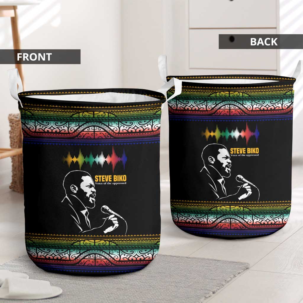 Steve Biko Laundry Basket with Microphone Portrait, Black Consciousness Quote and Vibrant Ethnic Wave - African Pride