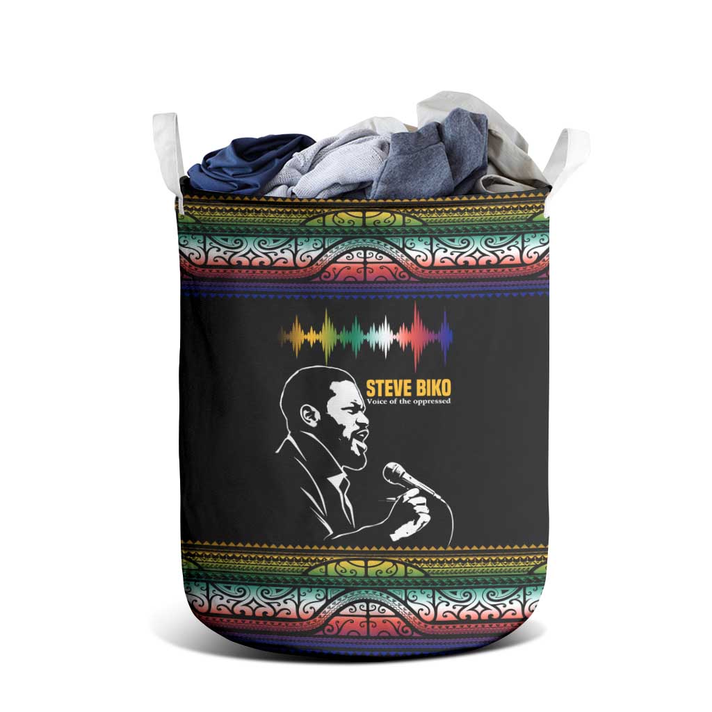 Steve Biko Laundry Basket with Microphone Portrait, Black Consciousness Quote and Vibrant Ethnic Wave - African Pride