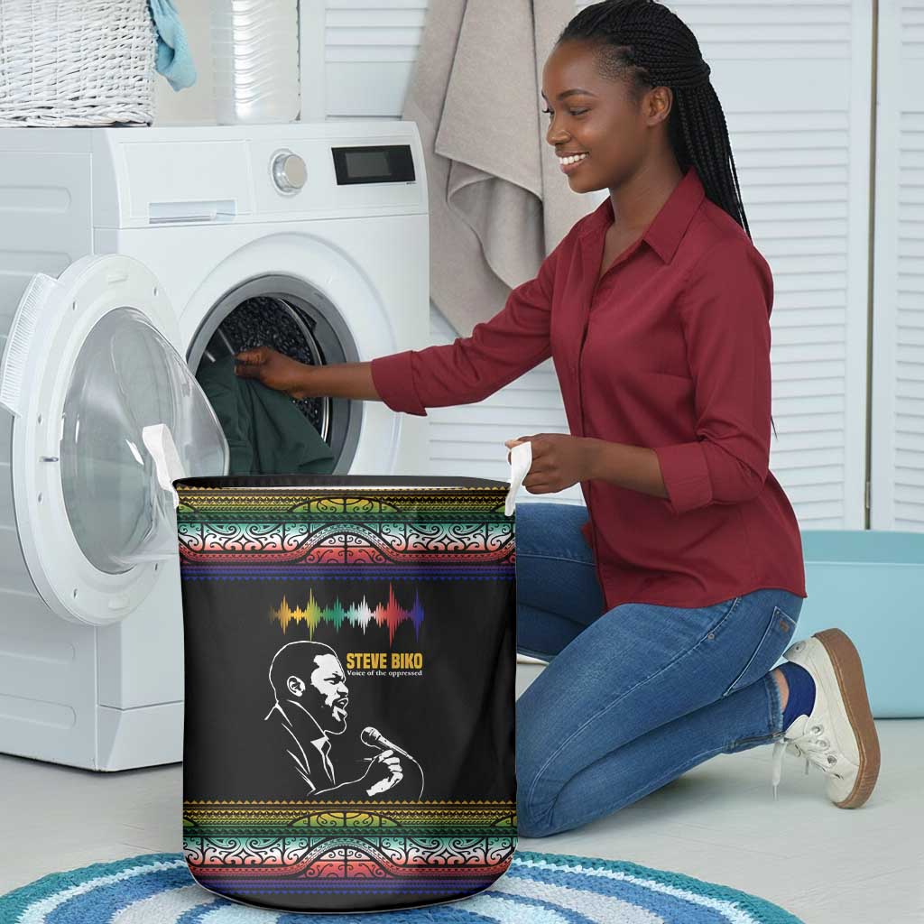 Steve Biko Laundry Basket with Microphone Portrait, Black Consciousness Quote and Vibrant Ethnic Wave - African Pride