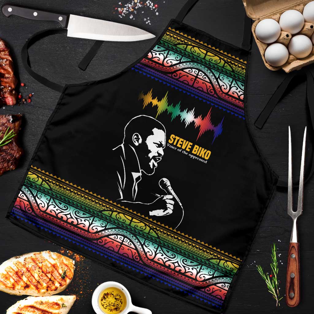 Steve Biko Apron with Microphone Portrait, Black Consciousness Quote and Vibrant Ethnic Wave - African Pride
