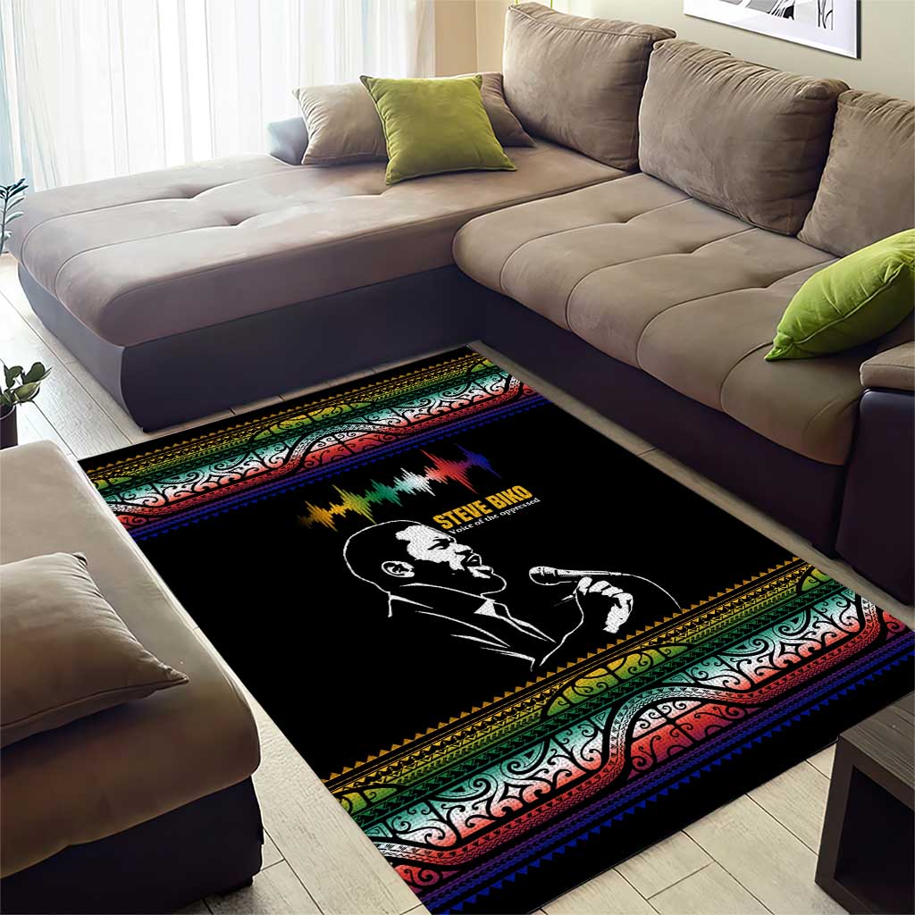 Steve Biko Area Rug with Microphone Portrait, Black Consciousness Quote and Vibrant Ethnic Wave - African Pride