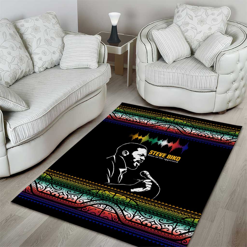Steve Biko Area Rug with Microphone Portrait, Black Consciousness Quote and Vibrant Ethnic Wave - African Pride