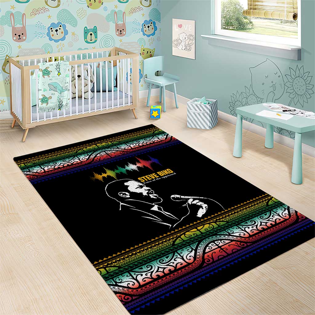 Steve Biko Area Rug with Microphone Portrait, Black Consciousness Quote and Vibrant Ethnic Wave - African Pride