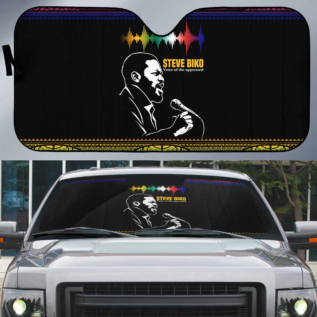 Steve Biko Auto Sun Shade with Microphone Portrait, Black Consciousness Quote and Vibrant Ethnic Wave - African Pride