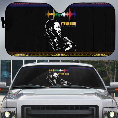 Steve Biko Auto Sun Shade with Microphone Portrait, Black Consciousness Quote and Vibrant Ethnic Wave - African Pride