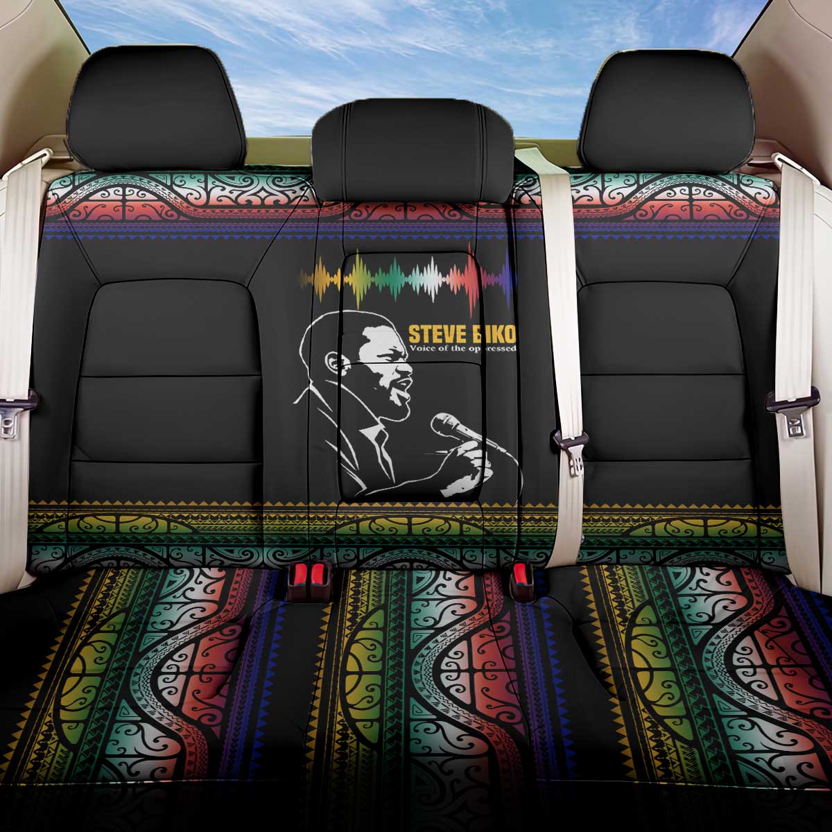 Steve Biko Back Car Seat Cover with Microphone Portrait, Black Consciousness Quote and Vibrant Ethnic Wave - African Pride