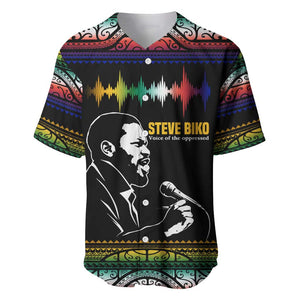 Steve Biko Baseball Jersey with Microphone Portrait, Black Consciousness Quote and Vibrant Ethnic Wave - African Pride
