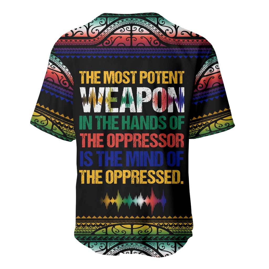 Steve Biko Baseball Jersey with Microphone Portrait, Black Consciousness Quote and Vibrant Ethnic Wave - African Pride
