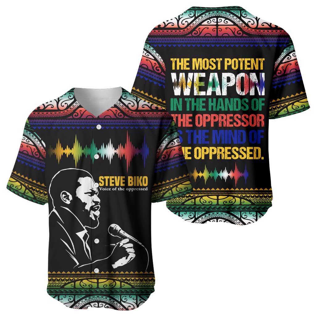 Steve Biko Baseball Jersey with Microphone Portrait, Black Consciousness Quote and Vibrant Ethnic Wave - African Pride