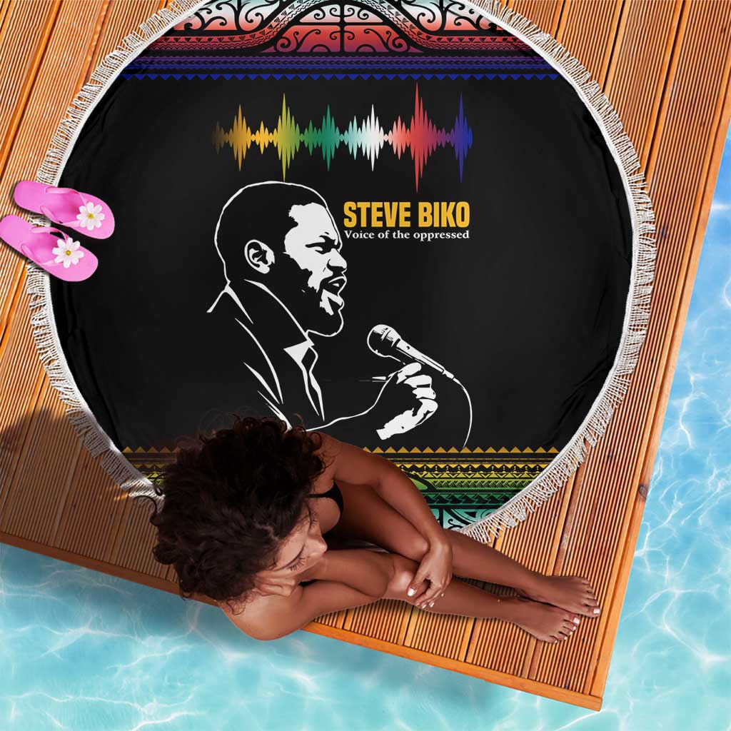 Steve Biko Beach Blanket with Microphone Portrait, Black Consciousness Quote and Vibrant Ethnic Wave - African Pride