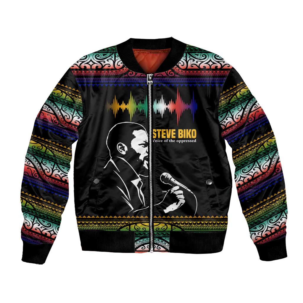 Steve Biko Bomber Jacket with Microphone Portrait, Black Consciousness Quote and Vibrant Ethnic Wave - African Pride