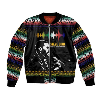 Steve Biko Bomber Jacket with Microphone Portrait, Black Consciousness Quote and Vibrant Ethnic Wave - African Pride