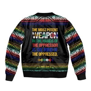 Steve Biko Bomber Jacket with Microphone Portrait, Black Consciousness Quote and Vibrant Ethnic Wave - African Pride